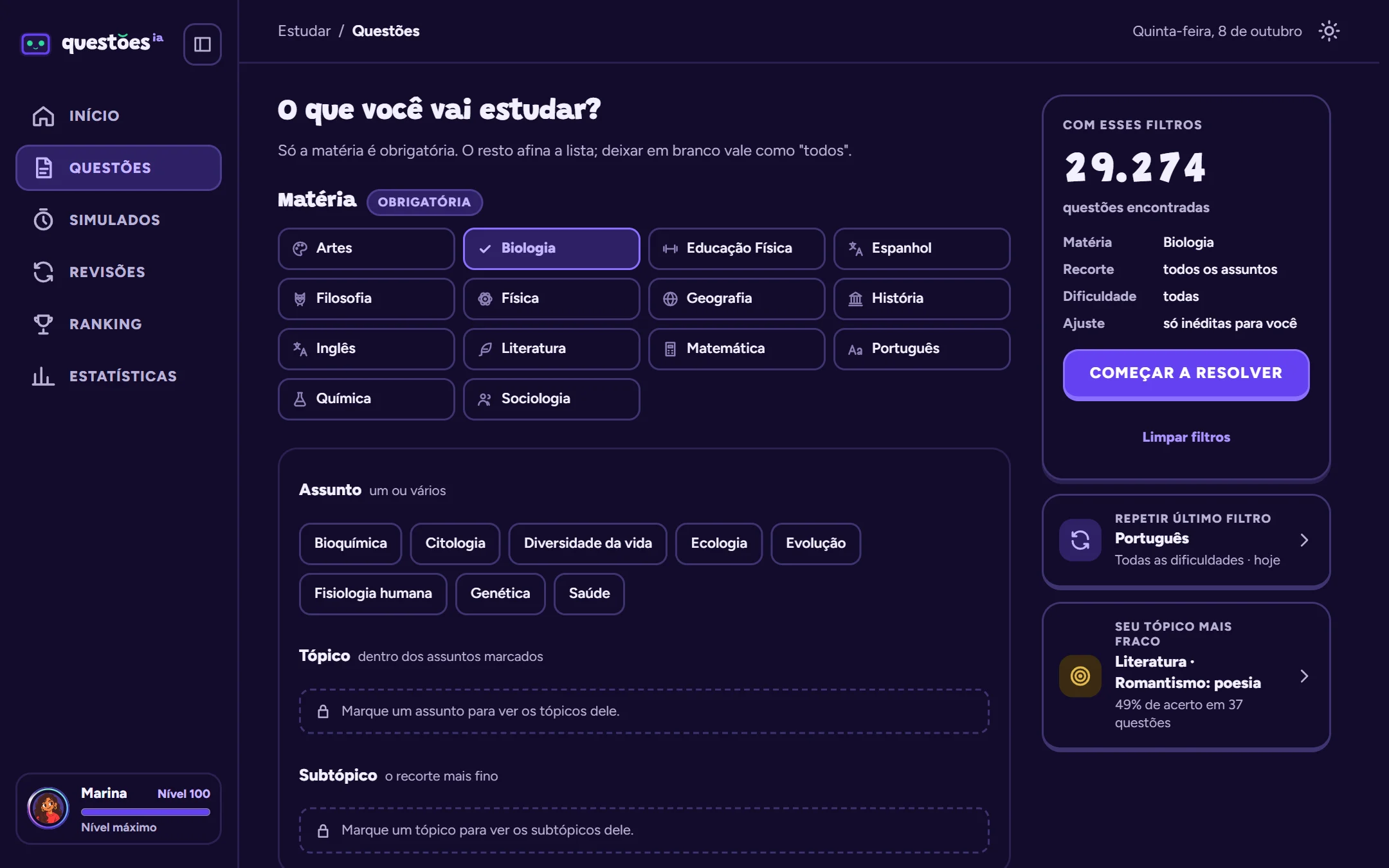 Print da tela: Filtros de questões