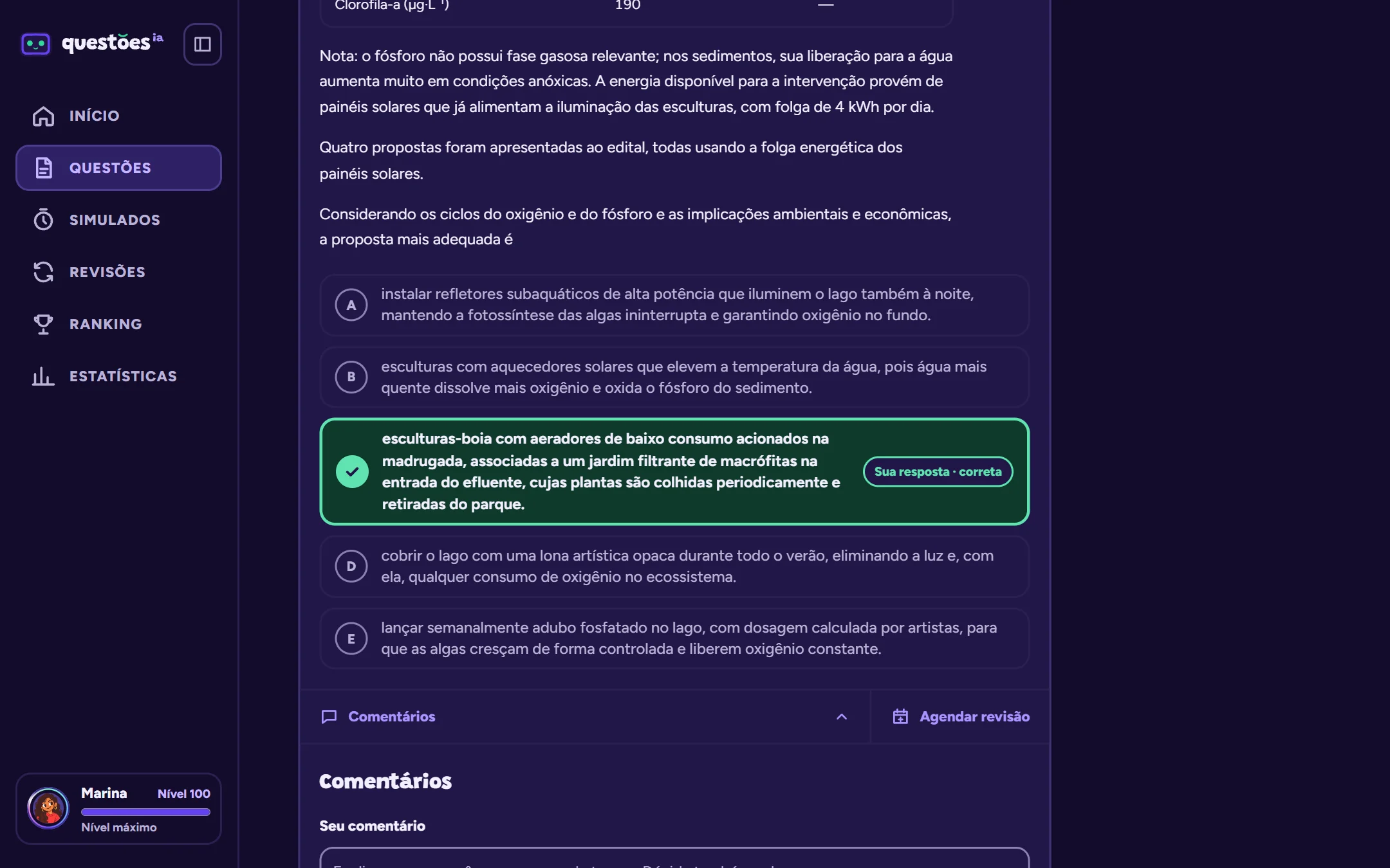 Print da tela: Questão respondida